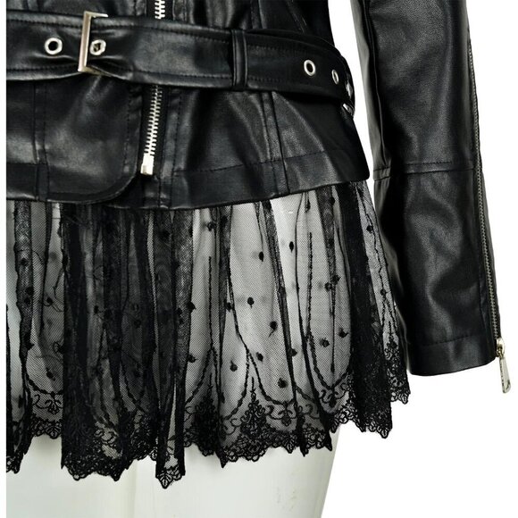 Women's faux leather black lace moto vintage coat riding coat - Picture 6 of 7